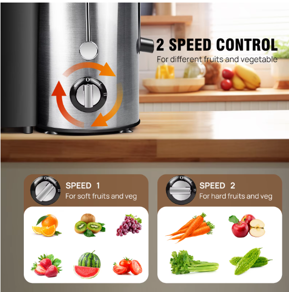 1000W Juicer Machine Whole Fruit and Vegetable Juice Extractor Stainless Steel, 500ML Capacity, 2 Speeds Adjustable