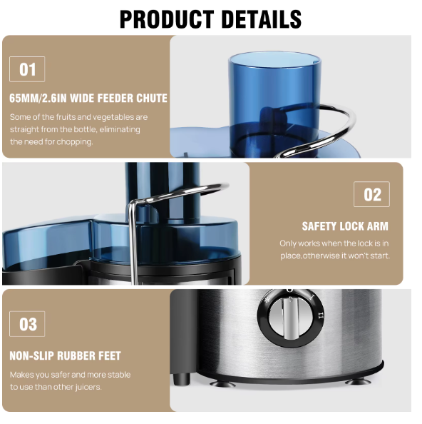 1000W Juicer Machine Whole Fruit and Vegetable Juice Extractor Stainless Steel, 500ML Capacity, 2 Speeds Adjustable